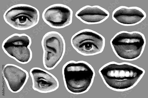 Halftone anatomical elements featuring eyes ears and mouths for a contemporary design concept or a modern artistic