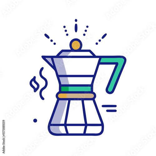 Traditional moka pot coffee maker emitting steam, representing home brewing, espresso preparation, hot beverage and barista equipment, no background
