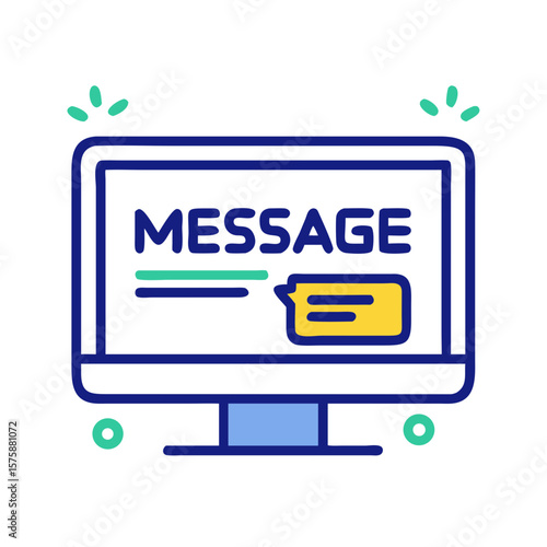 Flat icon of message alert on computer screen, representing digital communication, email interface, chat notification and online exchange, no background
