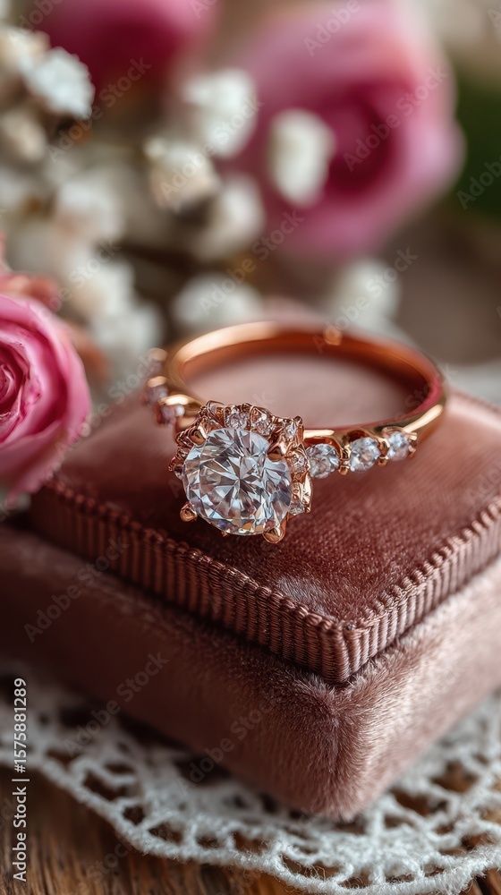 Elegant rose gold engagement ring displayed with pink flowers on soft velvet Elegant rose gold engagement ring displayed with pink flowers on soft velvet
