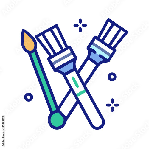 Flat icon of crossed paintbrushes, representing painting tools, art materials, creativity and visual craft, no background
