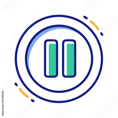 Flat icon of pause symbol in circular button, representing media control, audio video interface, playback stop and digital functionality, no background
