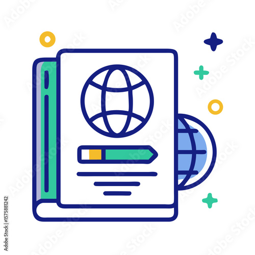 Flat icon of geography book with globe, representing education, world knowledge, learning material and global awareness, no background
