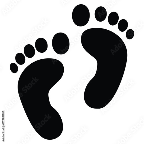 A pair of black baby footprints are depicted in a simple, graphic style, isolated on a clean white background, symbolizing a new beginning or a journey