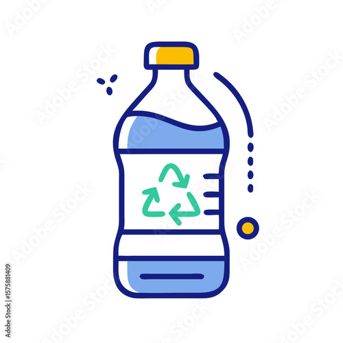 Flat icon of plastic water bottle with recycle symbol, representing eco packaging, sustainable material, waste reduction and environmental care, no background
