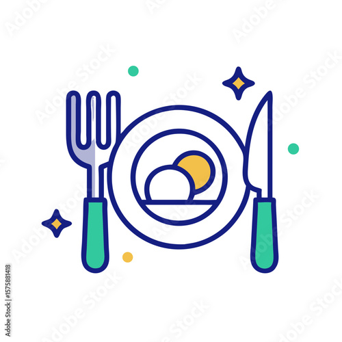 Flat icon of meal plate with fork and knife, representing dining, food service, restaurant meal and culinary presentation, no background
