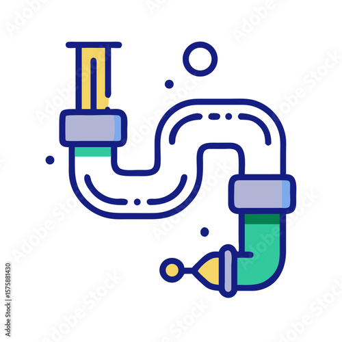 Flat icon of plumbing pipe system with water flow, representing fluid transport, infrastructure, pipeline maintenance and liquid supply, no background
