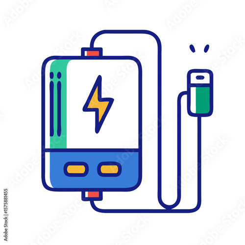 Flat icon of portable powerbank with lightning symbol and cable, representing mobile charging, energy storage, battery support and power supply, no background
