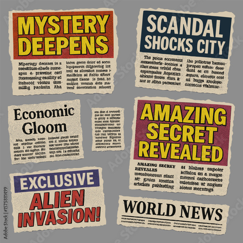 Vintage newspaper headlines clippings collection featuring mystery deepens scandal shocks city and economic gloom for