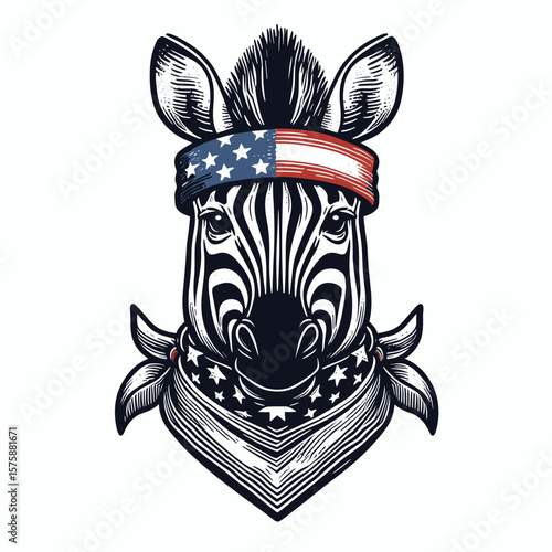 A Zebra wear american flag print bandana. Minimal Vintage Grunge Independence Day 4th of July Patriotic Usa America Retro Clipart. Striped equine don neckwear with stars and stripe design.