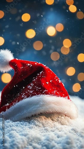 A festive red Santa hat resting on snow with soft glowing lights in the background