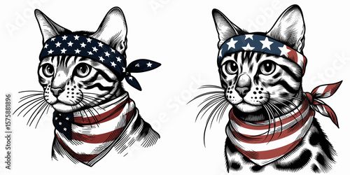 A Bengal Cat wear american flag print bandana. Minimal Vintage Grunge Independence Day 4th of July Patriotic Usa America Retro Clipart. Spotted feline in star-spangled neckwear pattern.