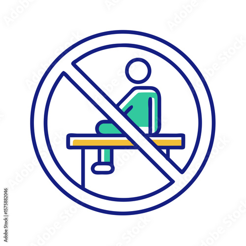 Flat prohibition sign over figure sitting on railing, representing safety rule, no sitting area, structural protection and public caution, no background
