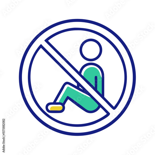Prohibition sign over person sitting on floor in minimal flat style, representing no sitting area, public behavior restriction, safety rule and cleanliness policy, no background
