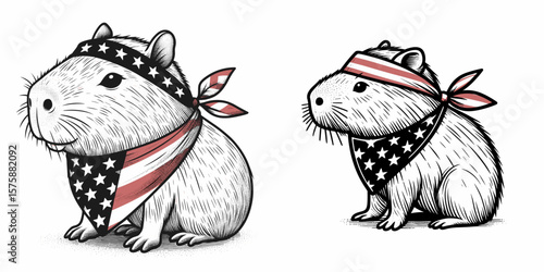 A capybara wear american flag print bandana. Minimal Vintage Grunge Independence Day 4th of July Patriotic Usa America Retro Clipart. Rodent with stars and stripes neckwear kerchief fashion.
