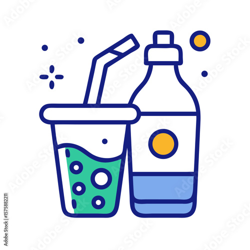Water bottle and drink cup with straw in flat outline style, representing hydration, refreshing beverage, takeaway drink, healthy lifestyle and casual consumption, no background

