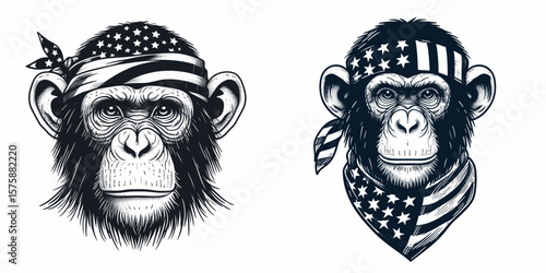 A Chimpanzee wear american flag print bandana. Minimal Vintage Grunge Independence Day 4th of July Patriotic Usa America Retro Clipart. Ape in star and stripe kerchief national symbol.