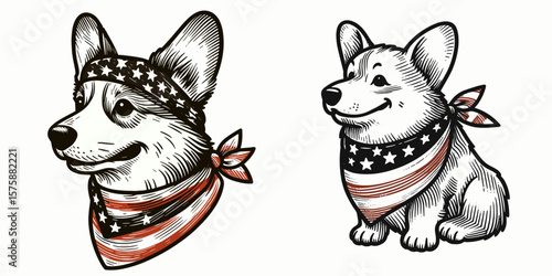 A Corgi Dog wear american flag print bandana. Minimal Vintage Grunge Independence Day 4th of July Patriotic Usa America Retro Clipart. Welsh pup sport star pattern neckerchief accessory.