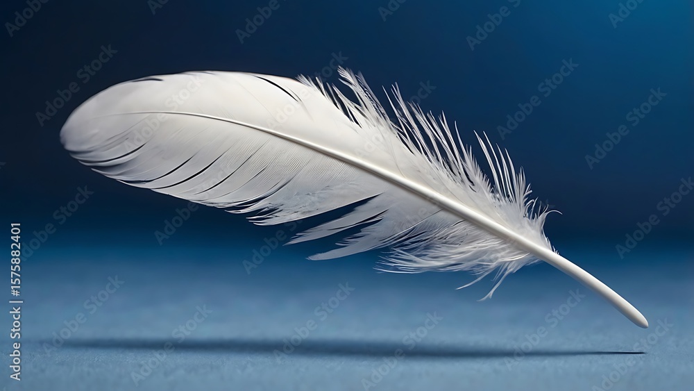 Obraz premium Elegant single white feather on blue background, a symbol of peace and serenity