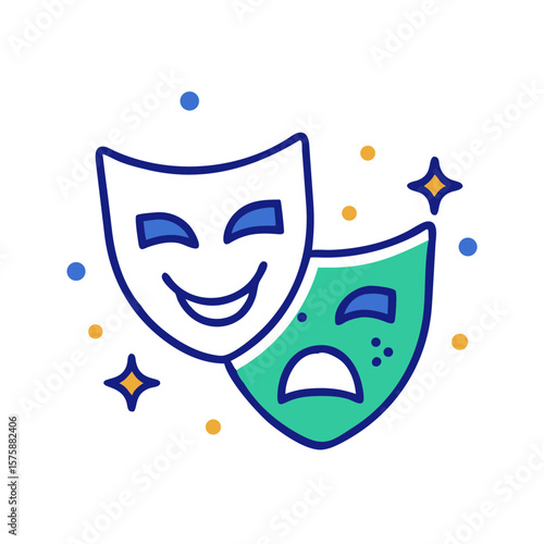 Two theatrical masks in minimal flat style, one smiling and one sad, representing comedy and tragedy, drama, performance emotions and acting art, no background
