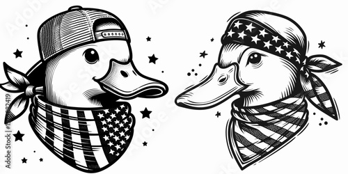 A Duck wear american flag print bandana. Minimal Vintage Grunge Independence Day 4th of July Patriotic Usa America Retro Clipart. Fowl with stars and stripes neckwear pet bird in banner.