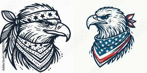 A Eagle wear american flag print bandana. Minimal Vintage Grunge Independence Day 4th of July Patriotic Usa America Retro Clipart. headwear with avian image and united states banner design.