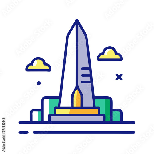 Tall obelisk structure in minimal flat style with small clouds, representing historic monument, cultural site, memorial symbol and architectural landmark, no background
