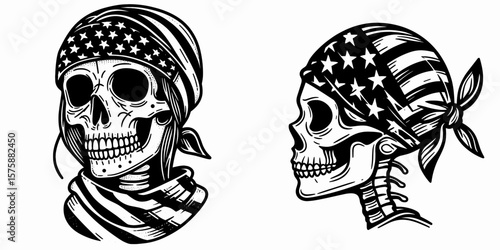 A female skeleton wear american flag print bandana. Minimal Vintage Grunge Independence Day 4th of July Patriotic Usa America Retro Clipart. Woman bony structure don head covering symbol.