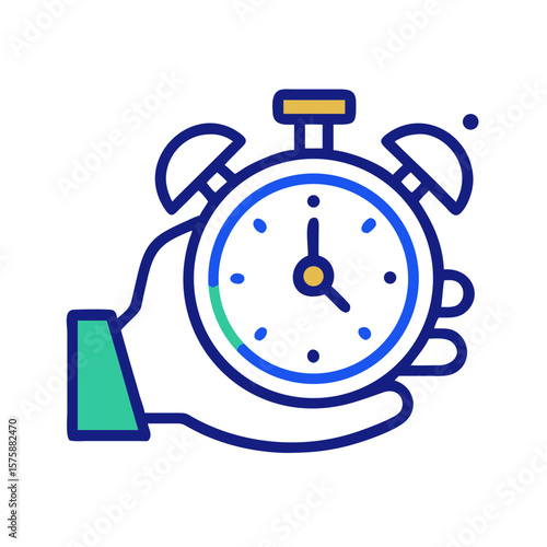 Hand holding an alarm clock in modern flat style, symbolizing time management, urgency, deadline pressure, punctuality and daily scheduling, no background
