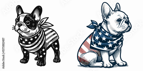 A French Bulldog wear american flag print bandana. Minimal Vintage Grunge Independence Day 4th of July Patriotic Usa America Retro Clipart. Canine in stars and stripes neckwear dog.