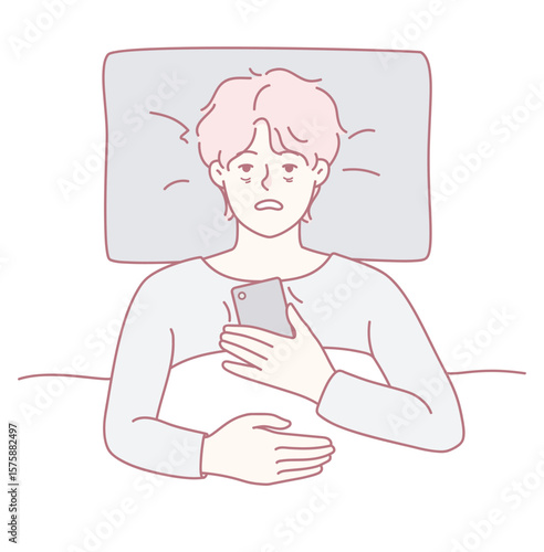 A young person lies wide awake in bed, staring intently at their smartphone, feeling anxious and unable to sleep