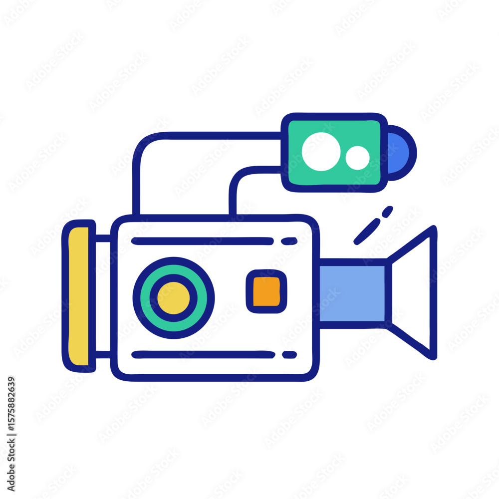 Flat style colorful video camera with lens and recording light, symbolizing media production, video recording, filmmaking, digital capture and visual storytelling tools, no background
Flat style colorful video camera with lens and recording light, symbolizing media production, video recording, filmmaking, digital capture and visual storytelling tools, no background