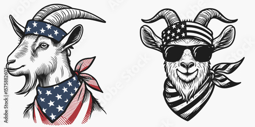 A Goat wear american flag print bandana. Minimal Vintage Grunge Independence Day 4th of July Patriotic Usa America Retro Clipart. Farm animal in neckwear with stars and stripes pattern.
