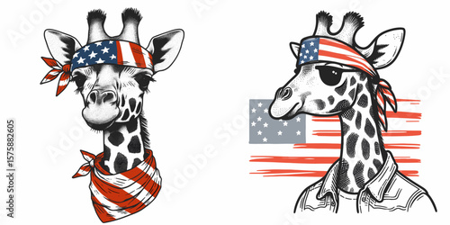 A Giraffe wear american flag print bandana. Minimal Vintage Grunge Independence Day 4th of July Patriotic Usa America Retro Clipart. Tall animal with stars and stripes neckerchief u.s.a.