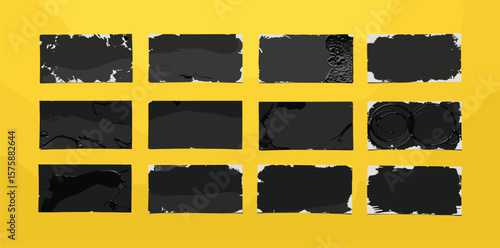 Linocut vector relief printing rectangle shapes, wide stripes rough textures collection. Artistic linocutting textured backgrounds set. Paint roller stains, lino ink grungy geometric text box 