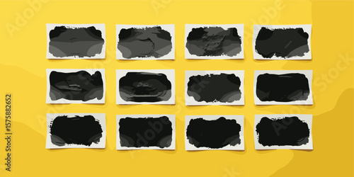 Linocut vector relief printing rectangle shapes, wide stripes rough textures collection. Artistic linocutting textured backgrounds set. Paint roller stains, lino ink grungy geometric text box 