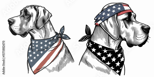 A Great Dane Dog wear american flag print bandana. Minimal Vintage Grunge Independence Day 4th of July Patriotic Usa America Retro Clipart. Big sporting neck theme canine accessory.