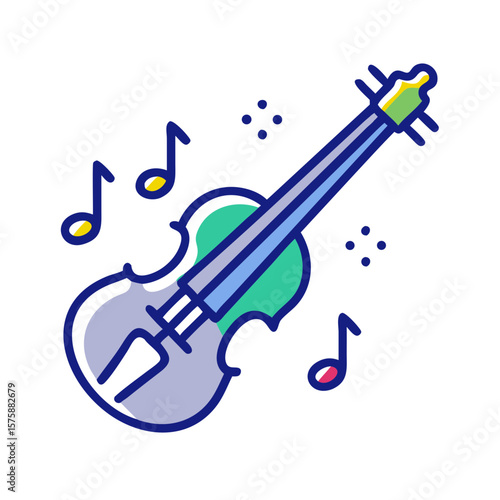 Violin with floating music notes in minimal flat outline style, symbolizing classical music, string instruments, artistic performance and traditional musical expression

