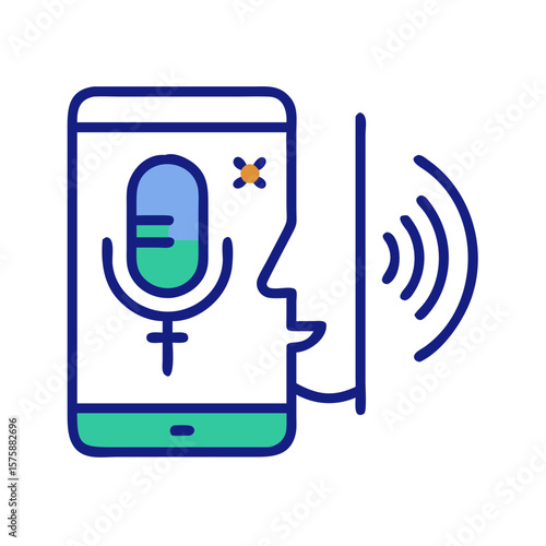 Smartphone with microphone icon and speaking head silhouette, representing voice messaging, audio communication, mobile interaction and modern speech-based digital services
