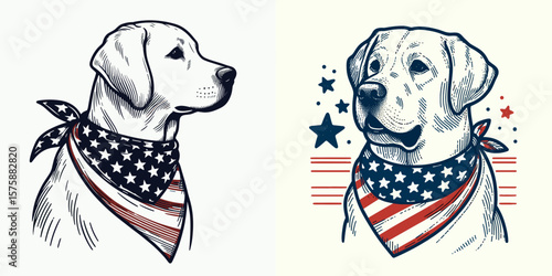 A Labrador Retriever Dog wear american flag print bandana. Minimal Vintage Grunge Independence Day 4th of July Patriotic Usa America Retro Clipart. Cute canine sporting united states banner.