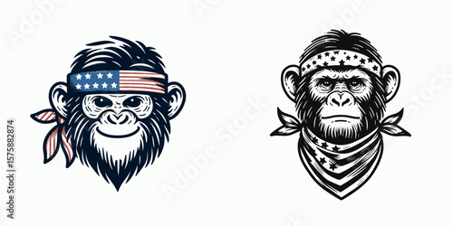A Monkey wear american flag print bandana. Minimal Vintage Grunge Independence Day 4th of July Patriotic Usa America Retro Clipart. Primate in neckwear banner image kerchief head covering.