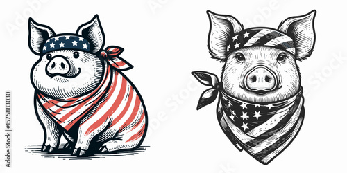 A Pig wear american flag print bandana. Minimal Vintage Grunge Independence Day 4th of July Patriotic Usa America Retro Clipart. Farm animal in head covering with stars and stripes motif.