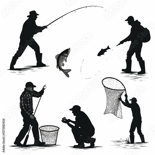 Fisherman and Fishing Activity Silhouettes Set with Equipment