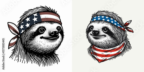 A Sloth wear american flag print bandana. Minimal Vintage Grunge Independence Day 4th of July Patriotic Usa America Retro Clipart. Slow mammal with stars and stripes neckwear kerchief.