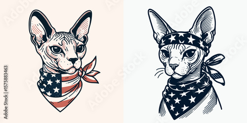 A Sphynx Cat wear american flag print bandana. Minimal Vintage Grunge Independence Day 4th of July Patriotic Usa America Retro Clipart. Hairless feline with star and stripe scarf theme.