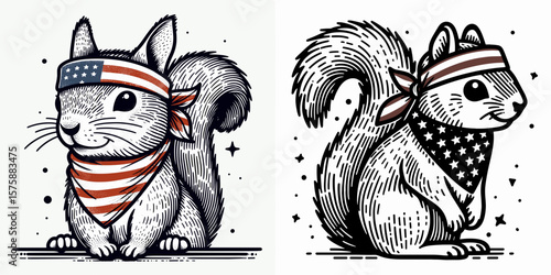 A Squirrel wear american flag print bandana. Minimal Vintage Grunge Independence Day 4th of July Patriotic Usa America Retro Clipart. Rodent in neckwear tiny critter dons star-striped scarf.