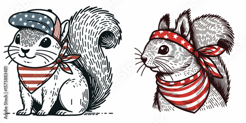 A Squirrel wear american flag print bandana. Minimal Vintage Grunge Independence Day 4th of July Patriotic Usa America Retro Clipart. Critter in neckwear patriot pattern covering head.