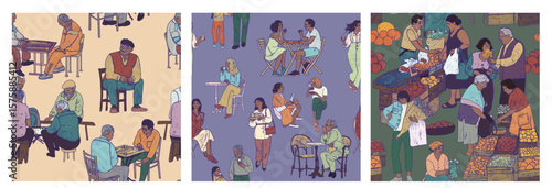 People urban lifestyle. Three illustrations pattern set. Summer silhouettes and relationships collection for retro style textiles. Big city life wallpaper