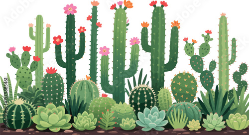 Vibrant Cactus Garden Flourishing with Blooms A Diverse Collection of Desert Flora in a Colorful Botanical Arrangement