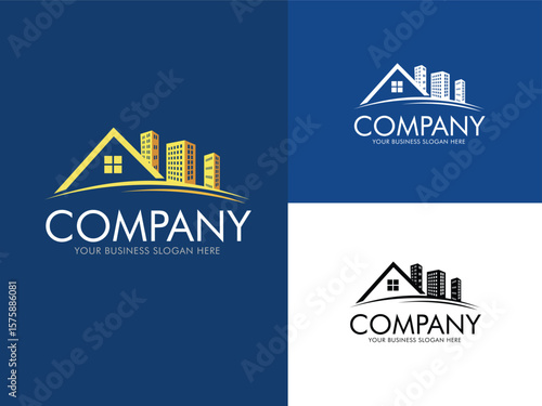 Architectural Crest: A modern logo design featuring sleek building silhouettes and a stylized roof, embodying the essence of construction and urban development.